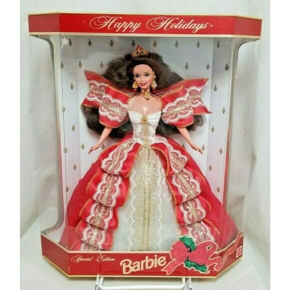 Vintage 97 Happy Holiday Barbie SPECIAL EDITION 17832 Red Gold Lace Bow Brunette - Picture 1 of 12